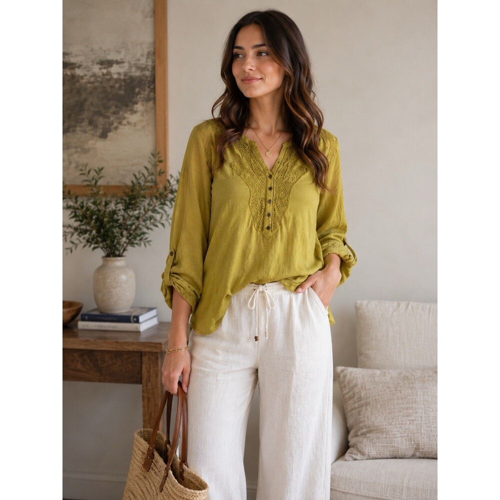 Style & Co. Women's 2X Green Embroidered Peasant‎ Blouse 3/4 Sleeve Button Tie